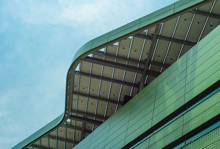 Facade and roof structure representing certification of construction products.
