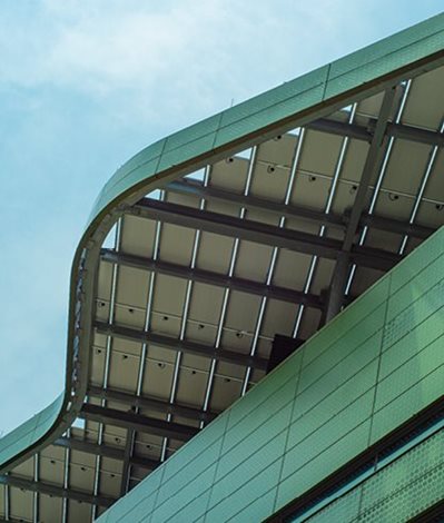Architectural construction products used in a modern facade and roof structure.